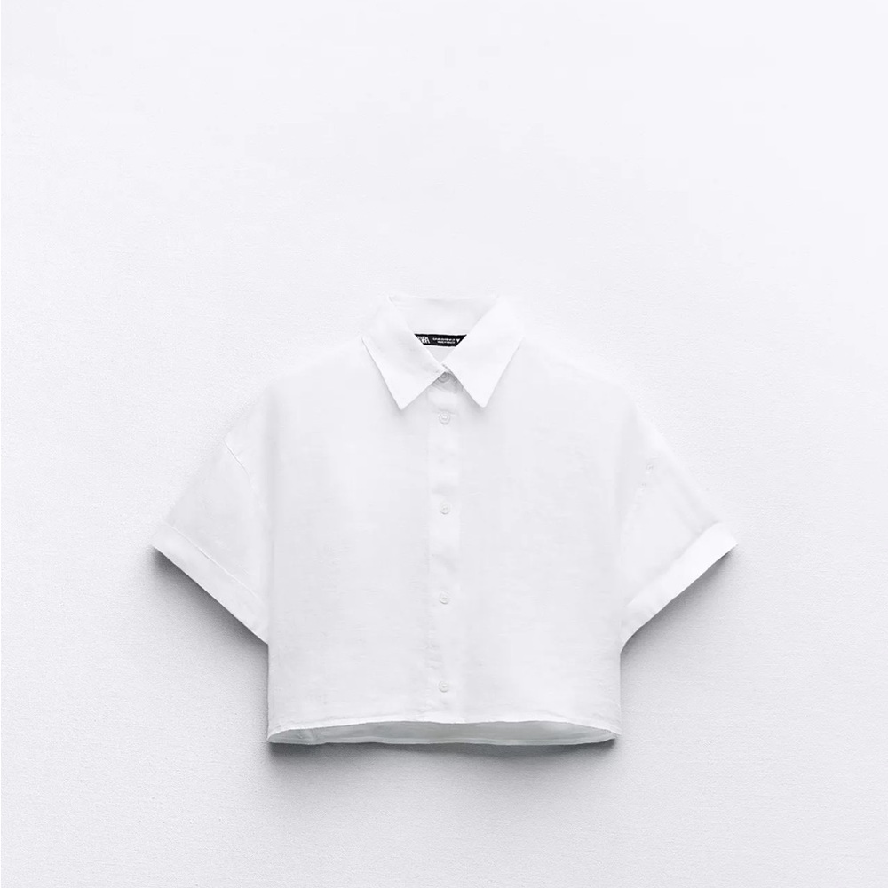 Zara White Linen Short Sleeve Cropped Button Down